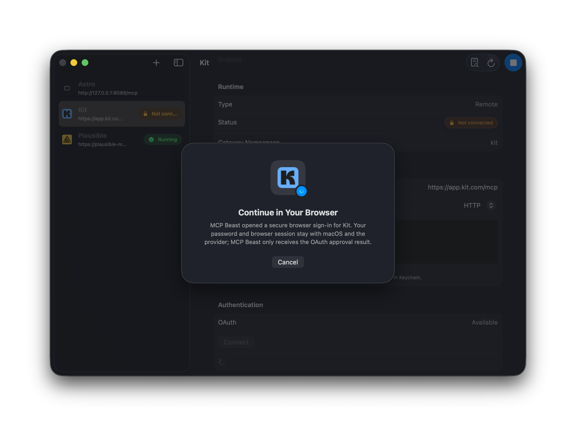 MCP Beast add server flow showing OAuth authentication
