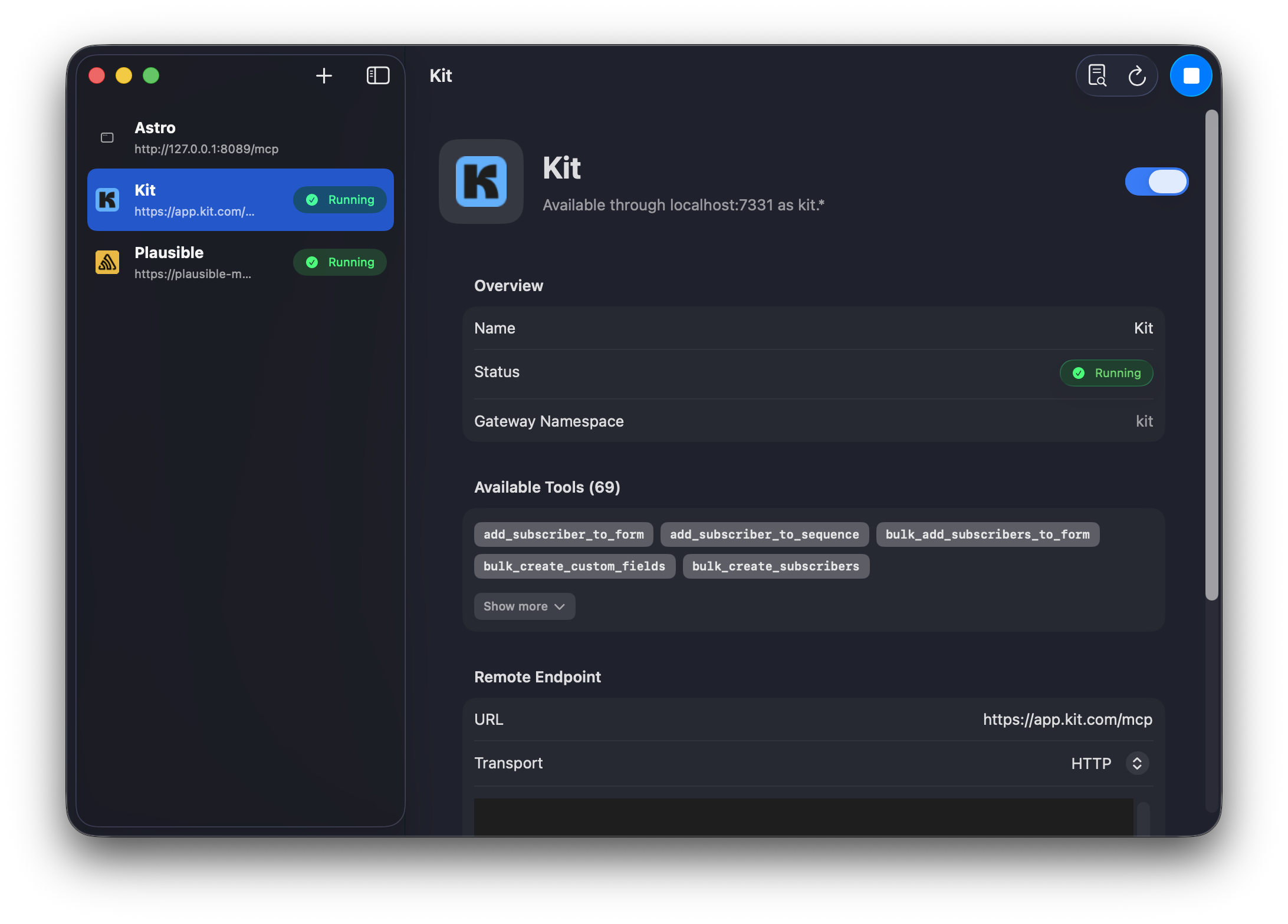 MCP Beast showing a selected MCP server with discovered tools